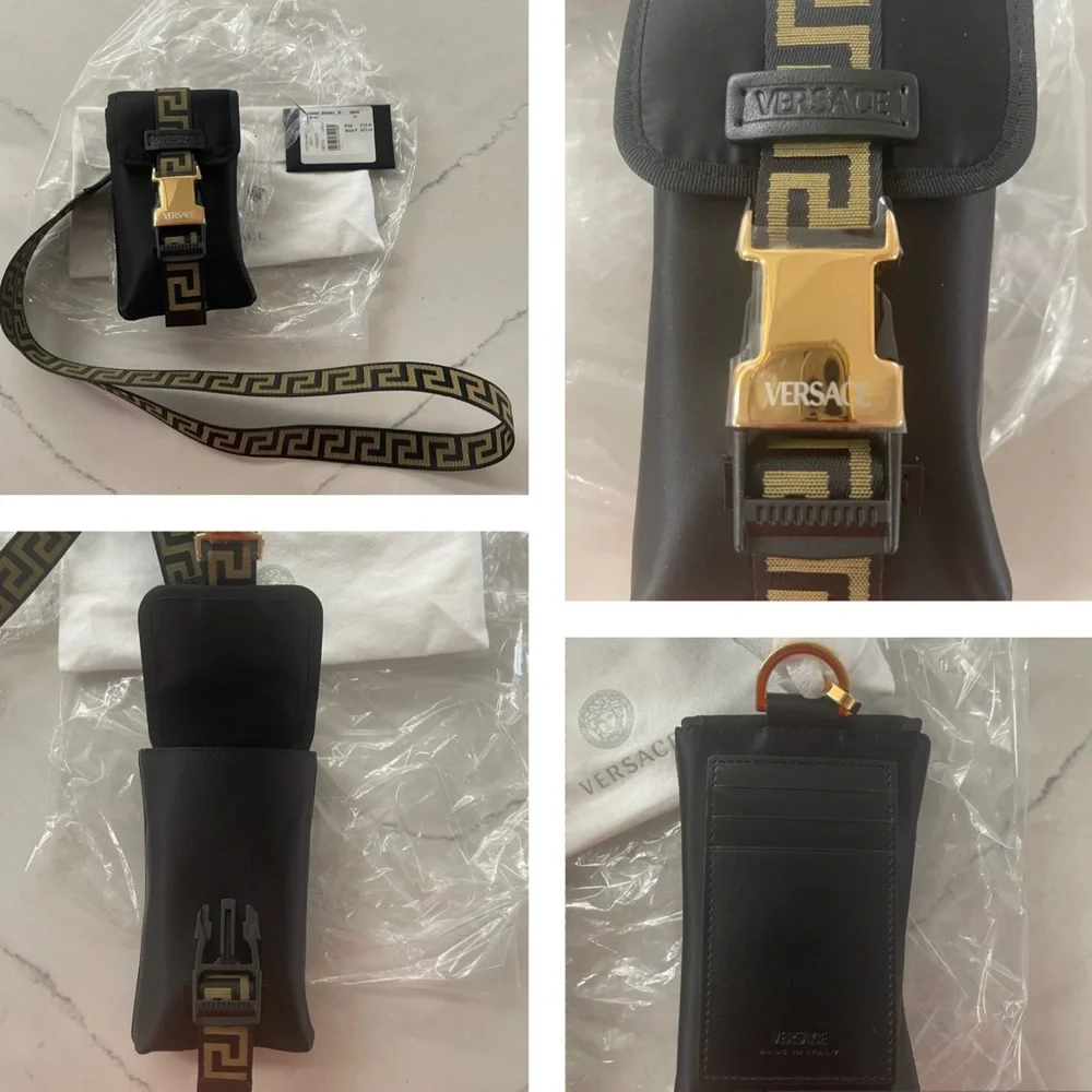 VERSACE LANYARD PHONE CASE WITH MINI SHOULDER/ NECK LOGO GRECA PATTERN STRAP